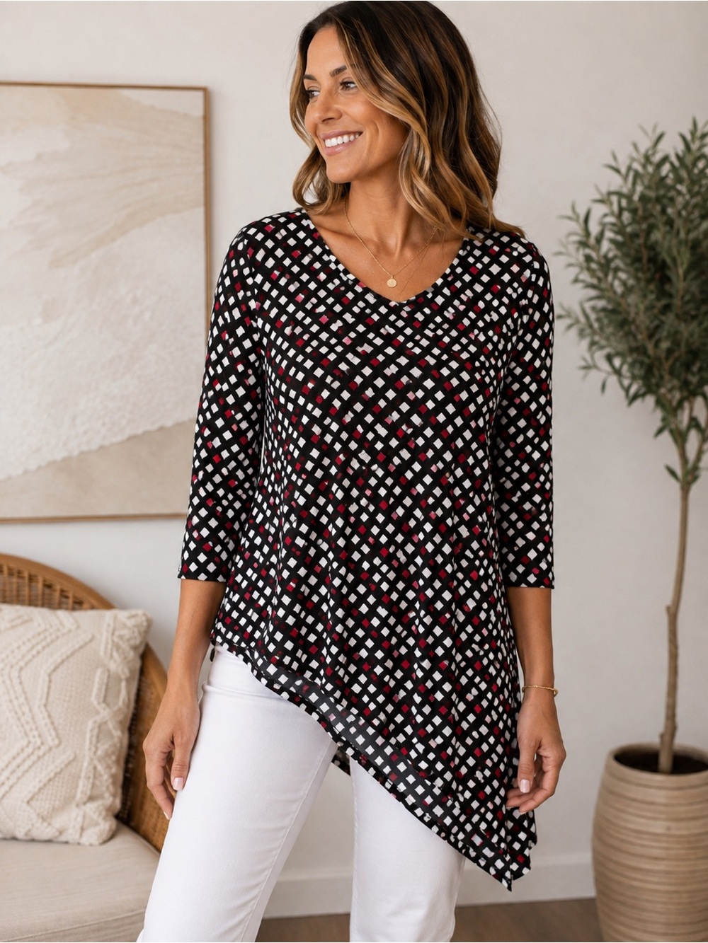 Chico’s Size 1 Black Red White Geometric Print Asymmetrical Hem Tunic Top
